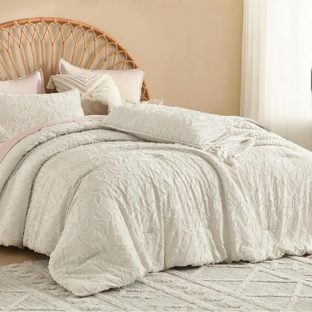 NEW Anthro Ivory Beige Tufted Floral Queen King Boho Comforter Bedding Sham Set